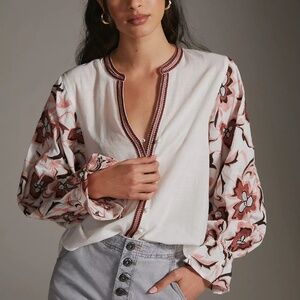 Anthropologie White Peasant Blouse with Pink Floral Embroidered Sleeves